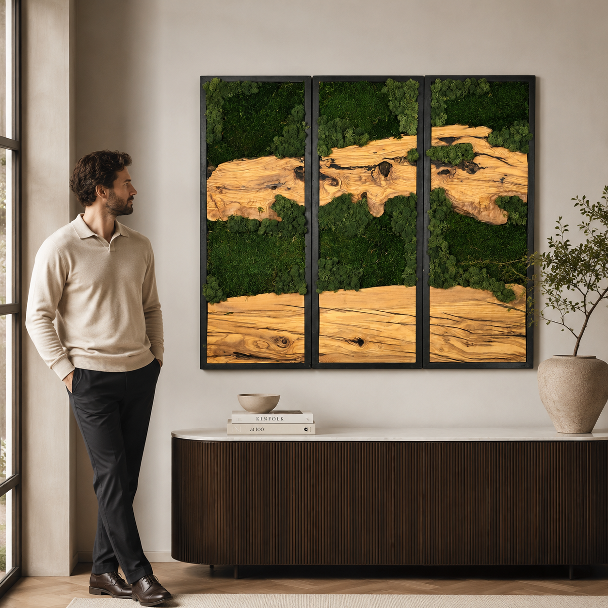 3 Panel Moss & Driftwood Wall Art — Framed Triptych for Living Room