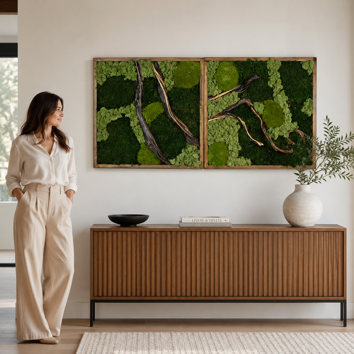 2 Panel Moss Wall Art — Preserved Moss & Driftwood Diptych in Natural Wood Frame