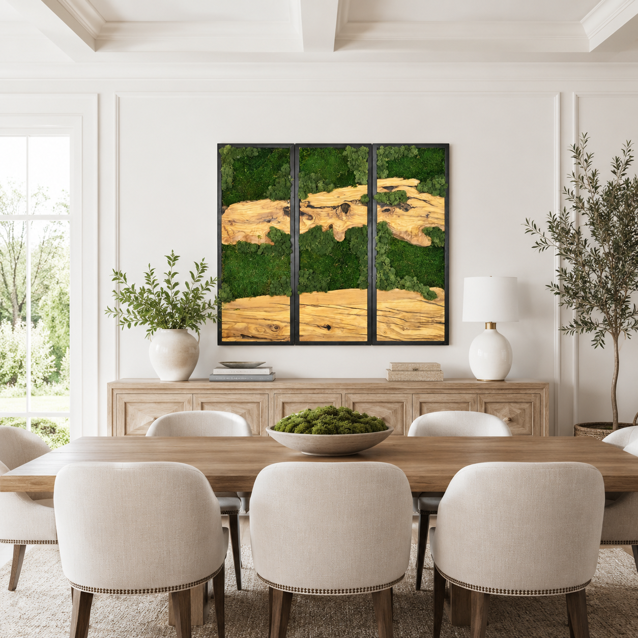 3 Panel Moss & Driftwood Wall Art — Framed Triptych for Living Room