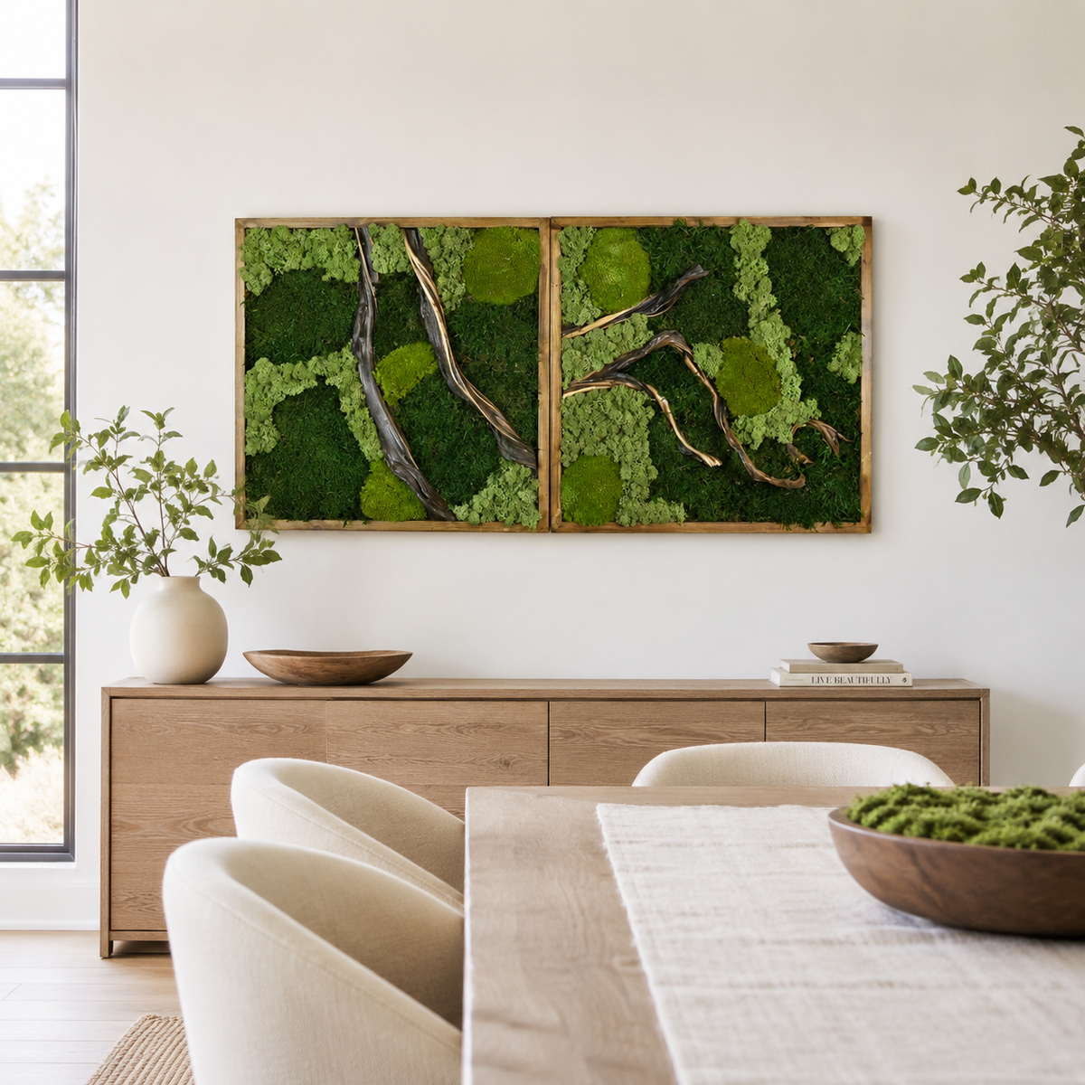 2 Panel Moss Wall Art — Preserved Moss & Driftwood Diptych in Natural Wood Frame