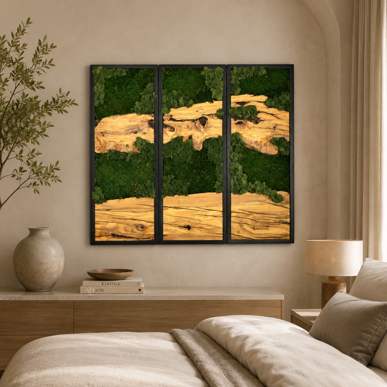 3 Panel Moss & Driftwood Wall Art — Framed Triptych for Living Room