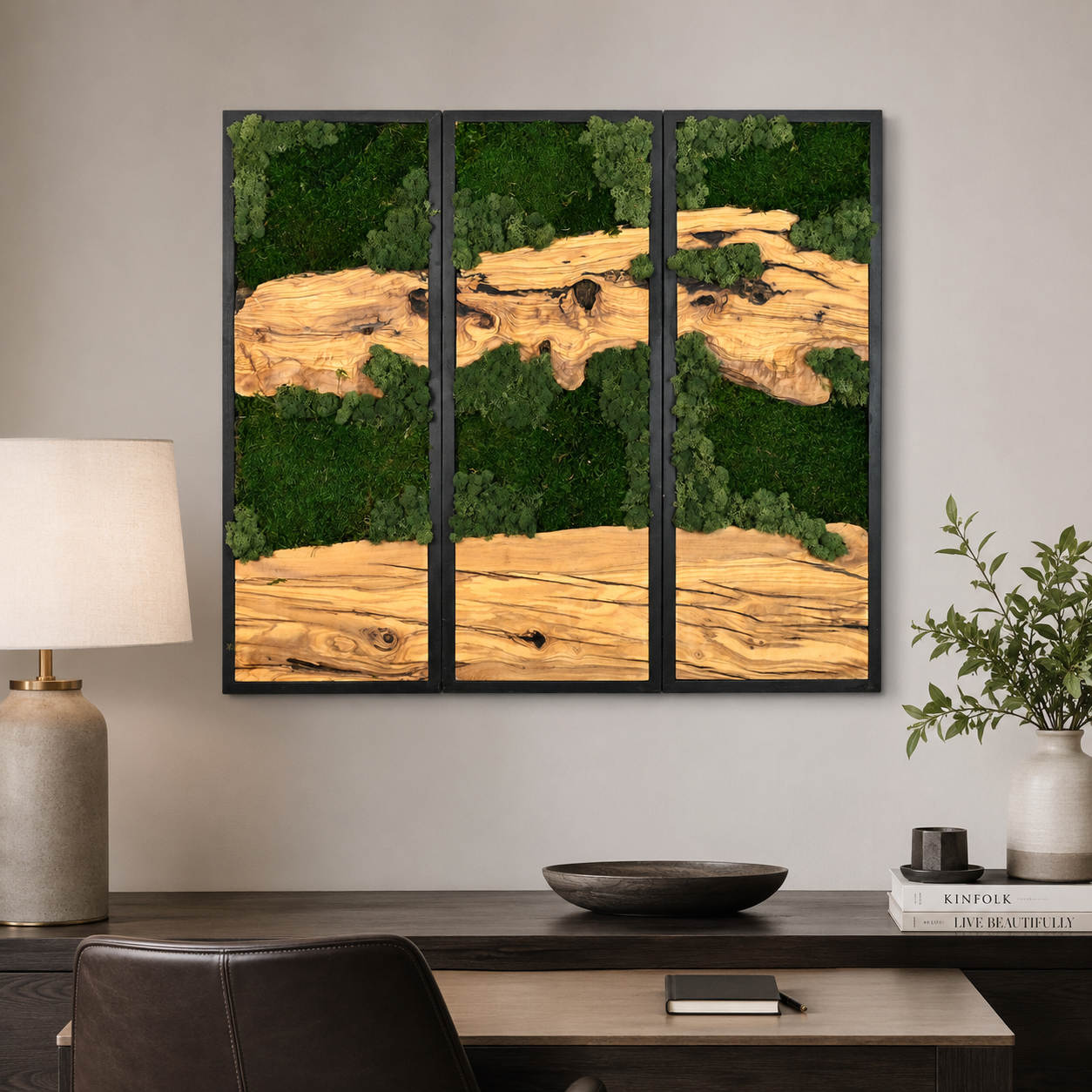 3 Panel Moss & Driftwood Wall Art — Framed Triptych for Living Room