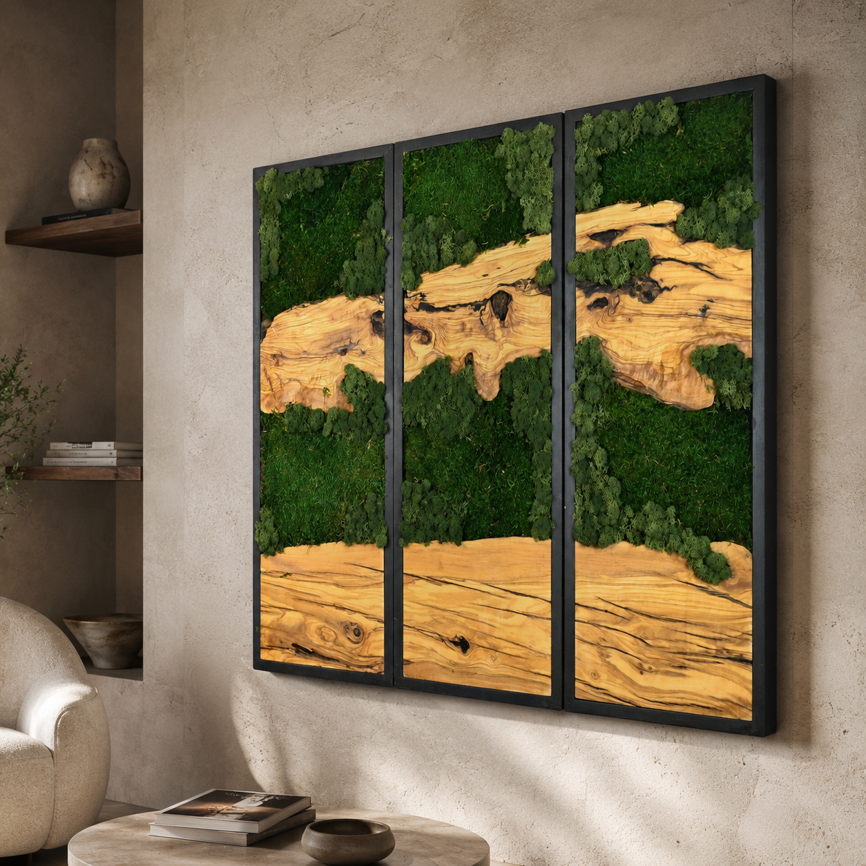 3 Panel Moss & Driftwood Wall Art — Framed Triptych for Living Room