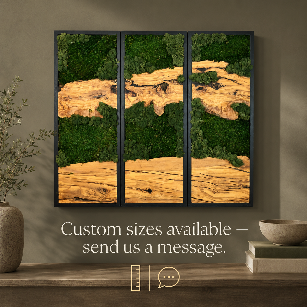 3 Panel Moss & Driftwood Wall Art — Framed Triptych for Living Room