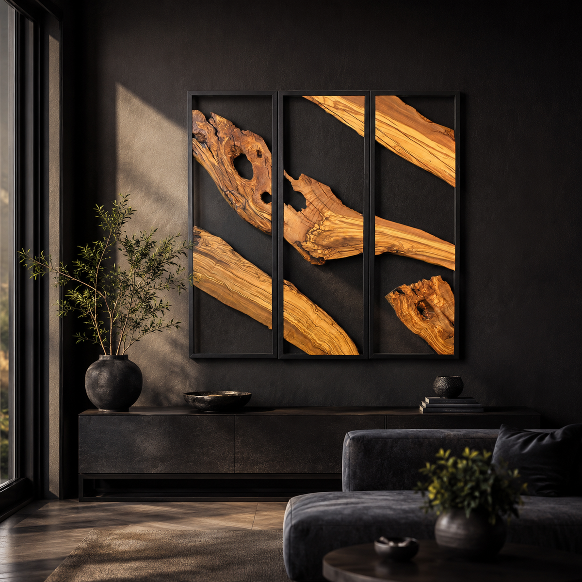 3 Panel Driftwood Wall Art — Natural Wood Triptych in Black Metal Frame