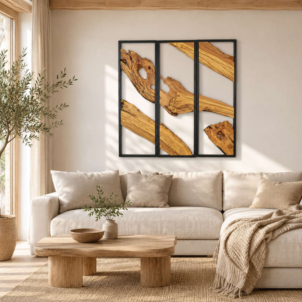 3 Panel Driftwood Wall Art — Natural Wood Triptych in Black Metal Frame