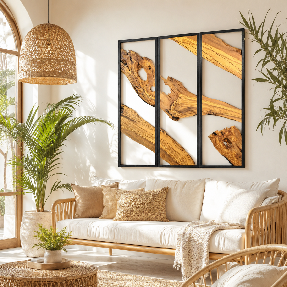 3 Panel Driftwood Wall Art — Natural Wood Triptych in Black Metal Frame