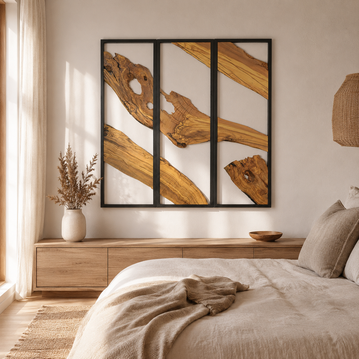 3 Panel Driftwood Wall Art — Natural Wood Triptych in Black Metal Frame
