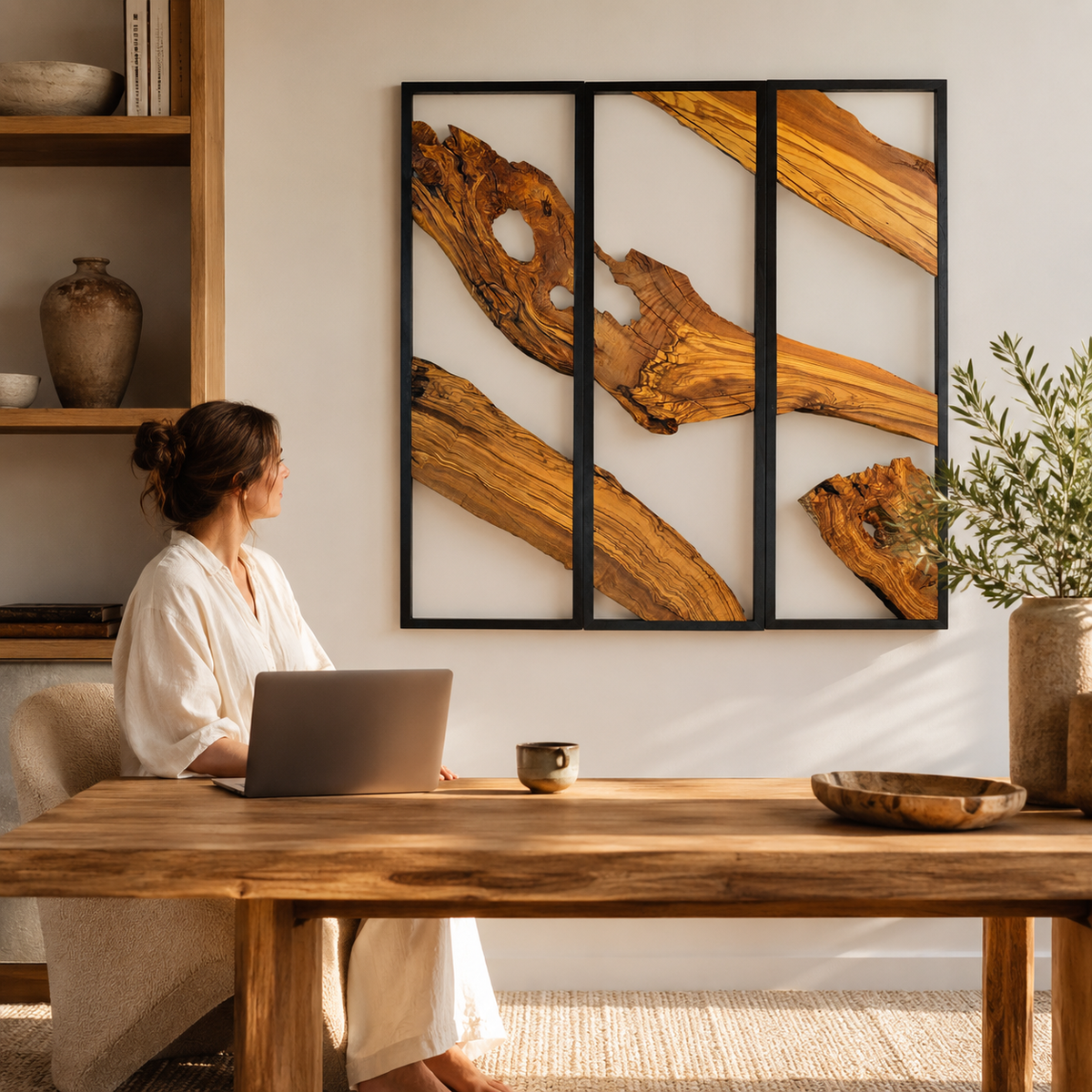 3 Panel Driftwood Wall Art — Natural Wood Triptych in Black Metal Frame