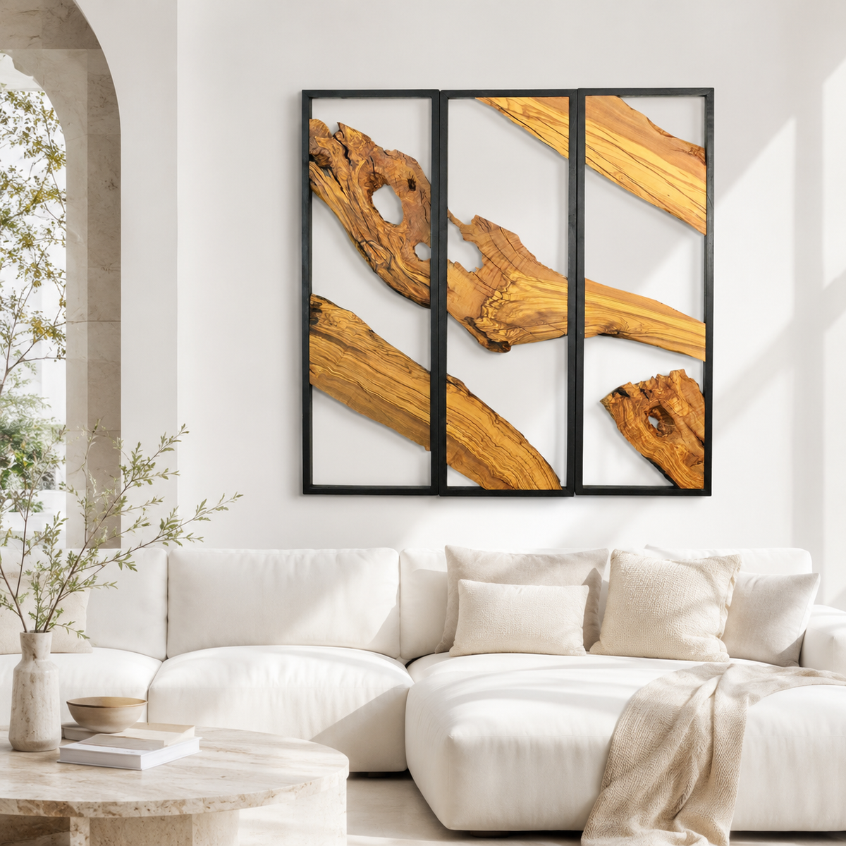 3 Panel Driftwood Wall Art — Natural Wood Triptych in Black Metal Frame