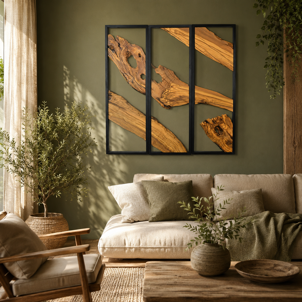 3 Panel Driftwood Wall Art — Natural Wood Triptych in Black Metal Frame